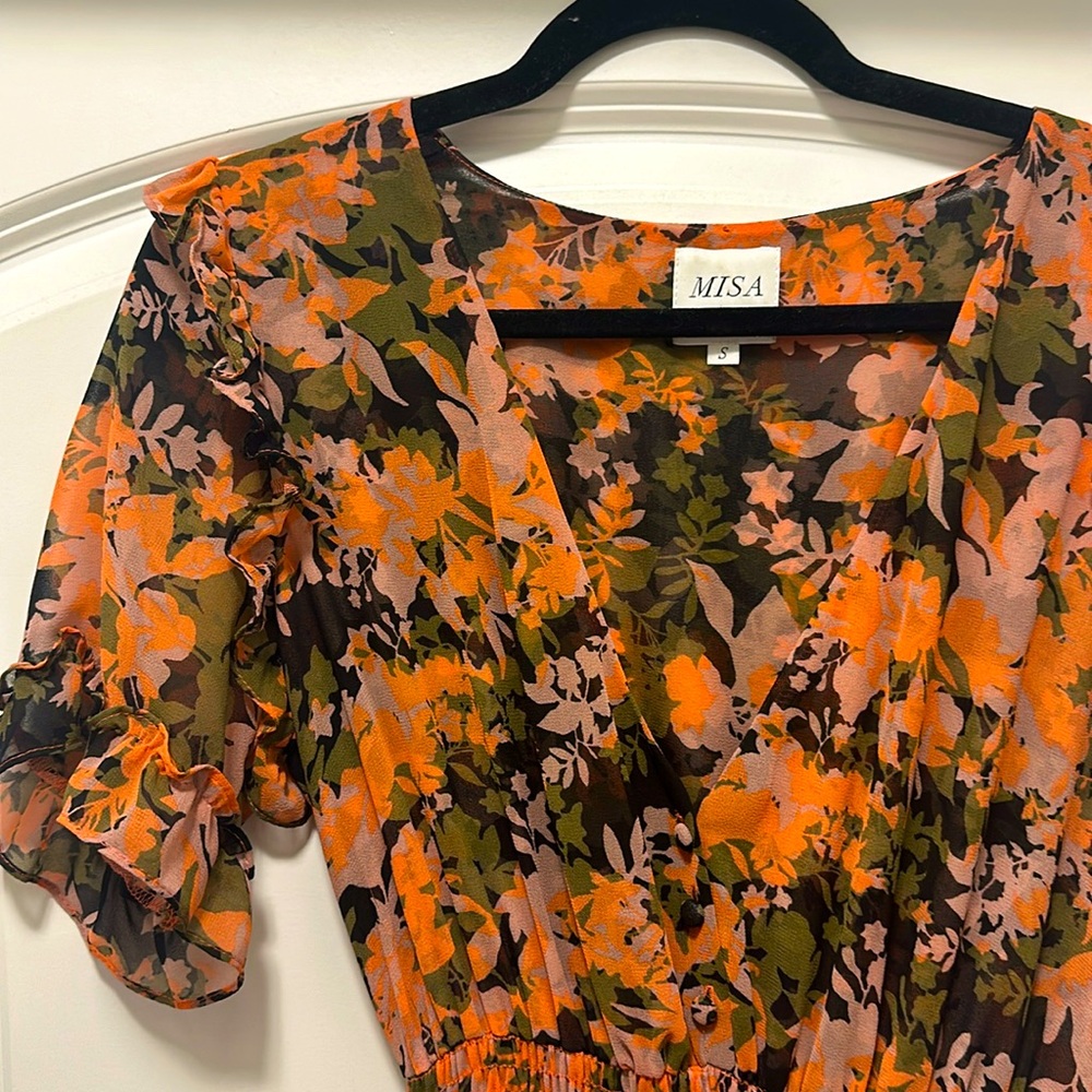 Misa Los Angeles Orange Pink Olive Floral Midi Dress